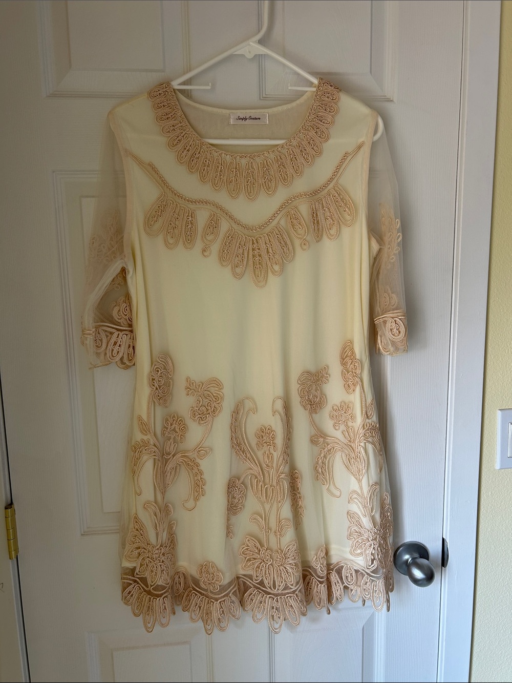 Simply Couture Cream Dress with Gold Embroidered Appliqué